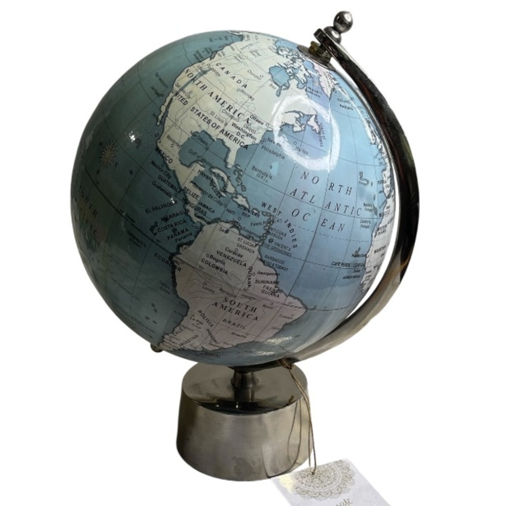 Namaste Handcrafted Elegant Blue World Globe with Silver Stand Rotating